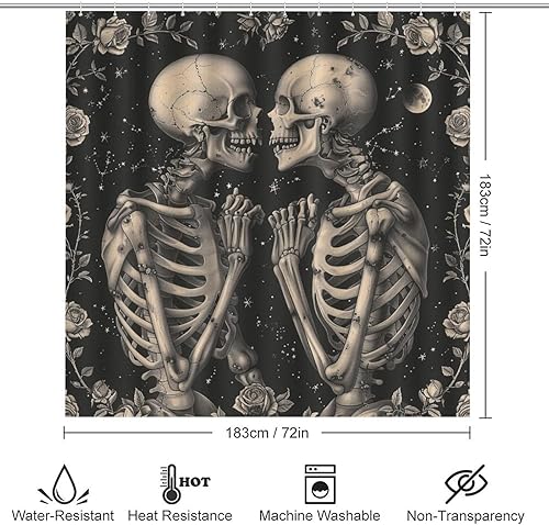 Miniatura 2 de Juego de 4 cortinas de ducha con diseño de esqueleto gótico, diseño de calavera floral de estrella nocturna con tapa de inodoro, tapete en forma de