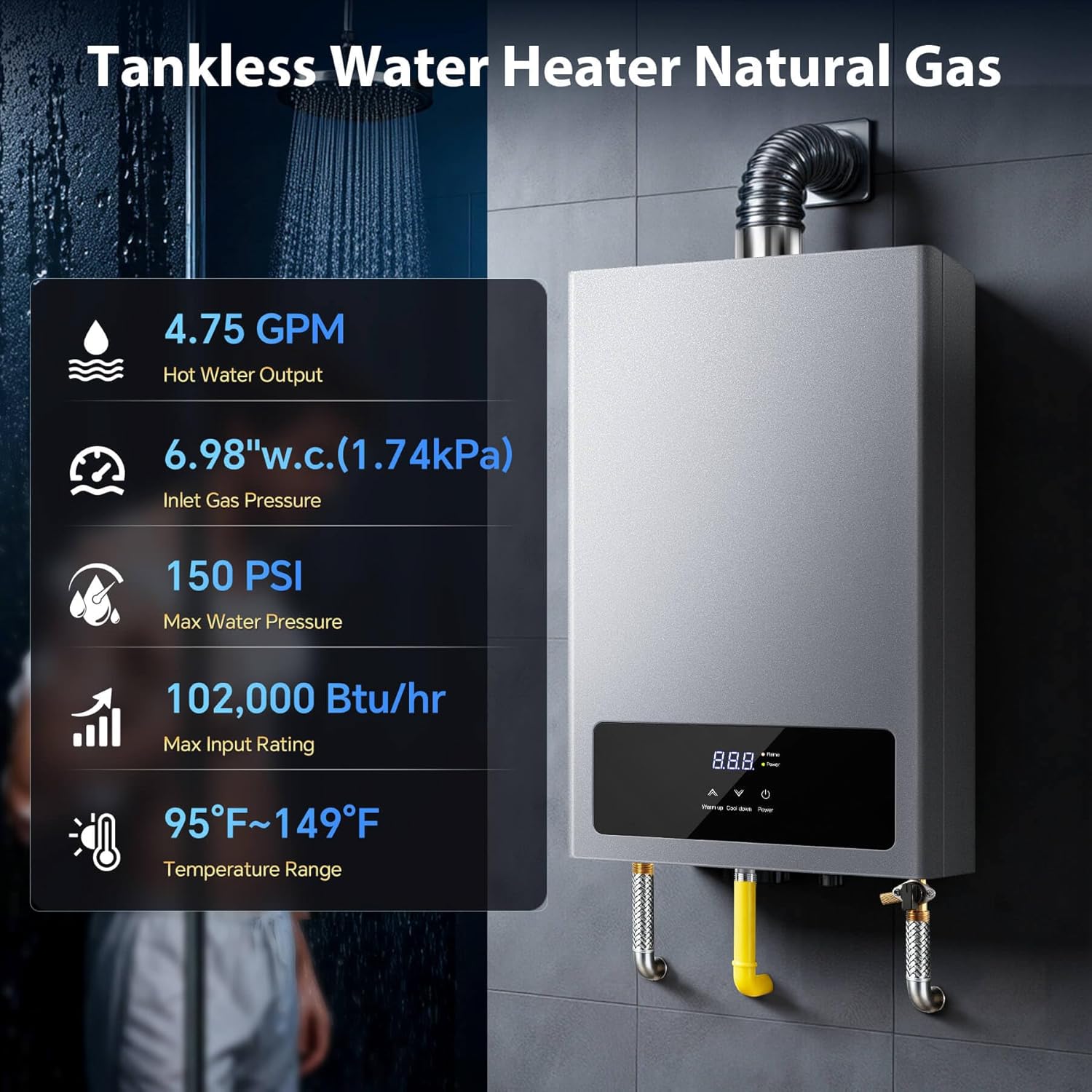 SNDOAS Tankless Water Heater Gas,Up to 4.75GPM 18L Water Heater Natural Gas with LED Display,102,000 BTU Instant Hot Water Heater On Demand for Whole House,Ultra Quiet,Forced Exhaust,Indoor Use