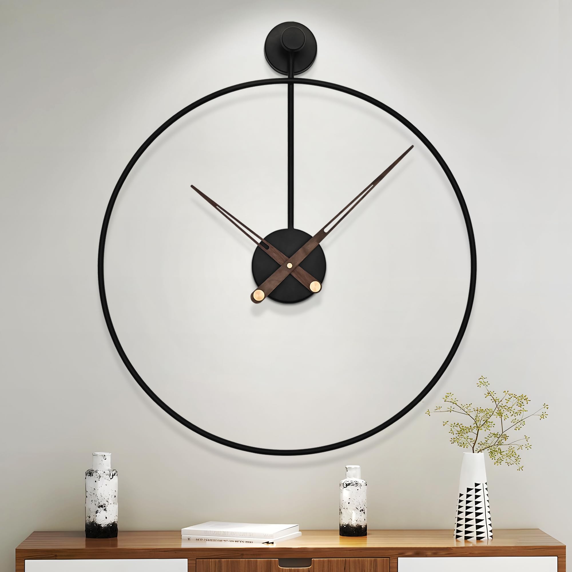 HAITANG Grande orologio moderno da soggiorno, nero, XXL, rotondo, in metallo, per cucina, ufficio, camera da letto, vintage, funzionamento a batteria, non ticchetta, movimento silenzioso, decorazione