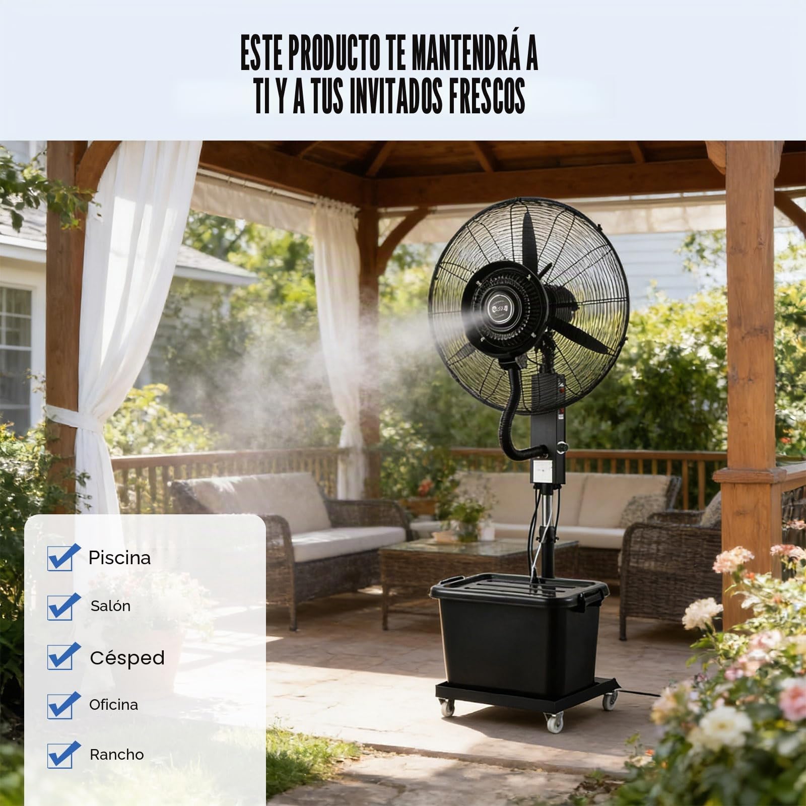 Ventilador Nebulizador de Pie con Depósito de 42L, Ventilador Enfriador con Tanque de Agua, 3 Velocidades, Regulable en Altura, Apto para Jardín, Terraza, Bares y Restaurantes.