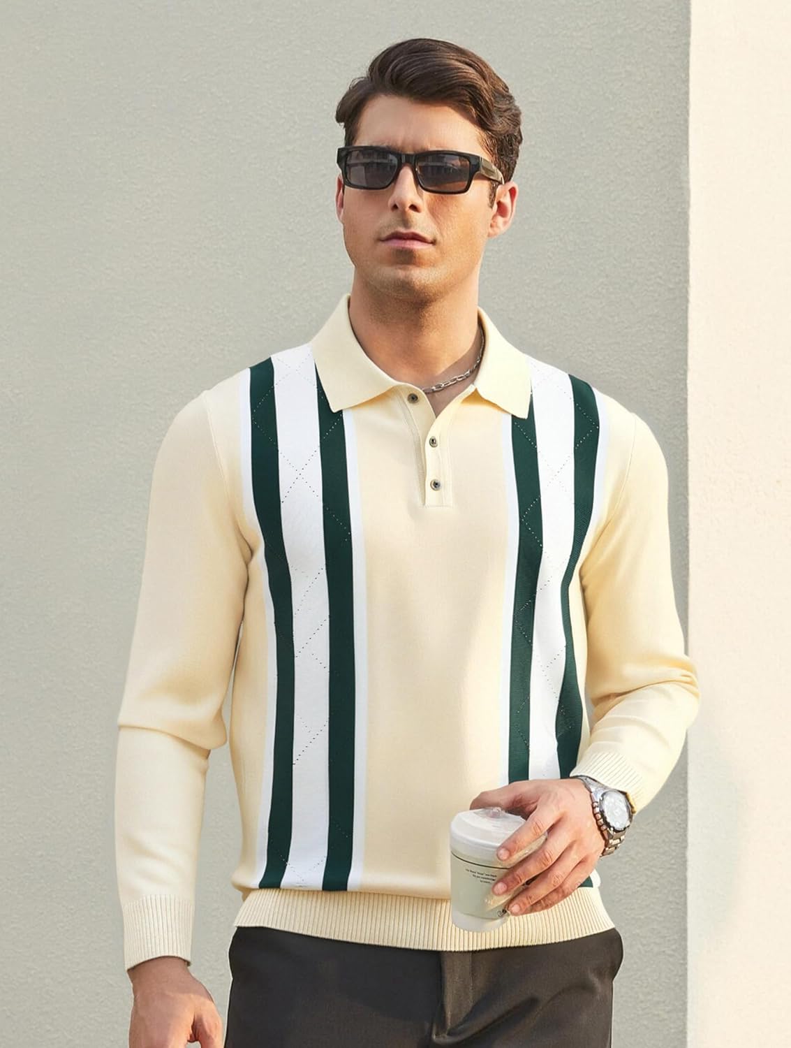 Esabel.C Mens Knit Polo Shirts Long Sleeve Ribbed Textured Polo Shirt Fashion Collared Casual Golf Shirts - Image 3