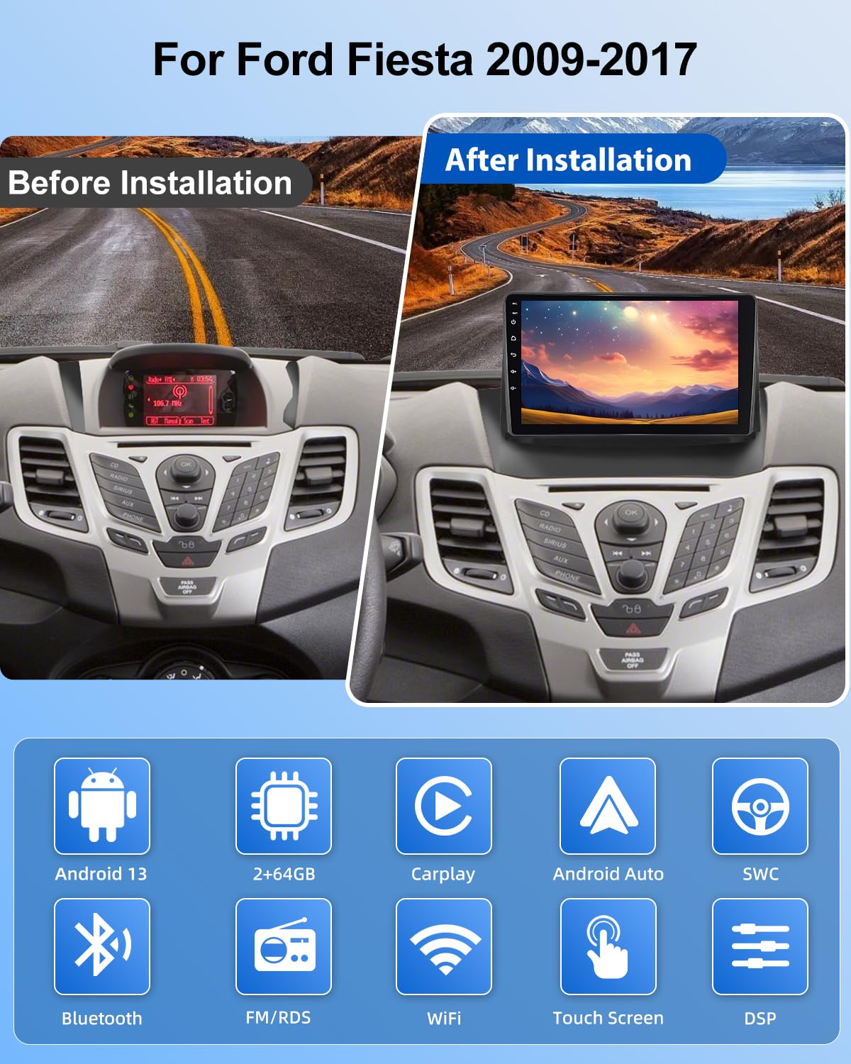NHOPEEW 2+64G 9 Zoll Android Radio für Ford Fiesta 2009-2017 - Wireless CarPlay & Android Auto GPS Navigation, Lenkradsteuerung, FM RDS, Split-Screen + Rückfahrkamera