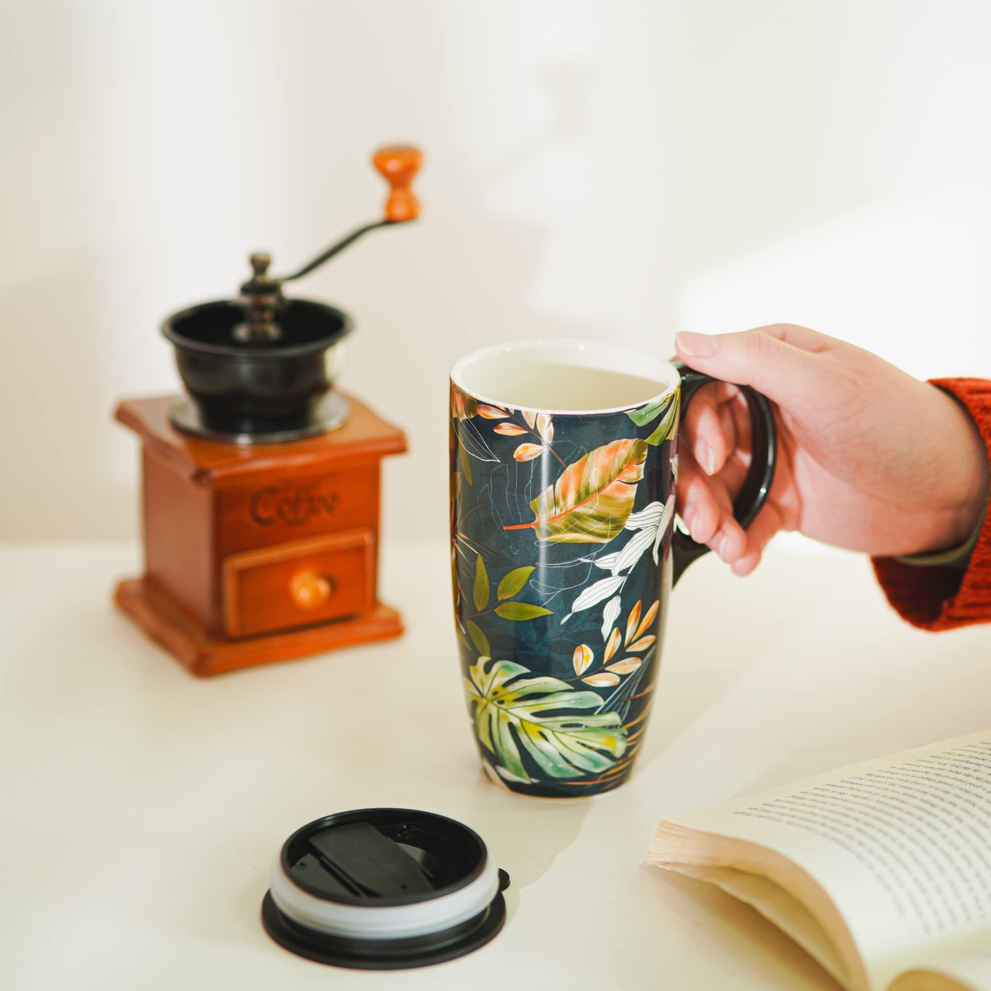 DUSVALLY Ceramic Mug Coffee Cup Ceramic Travel Mug with Lid and Color Box,17oz. Large Coffee Mug,Leaves - Image 3
