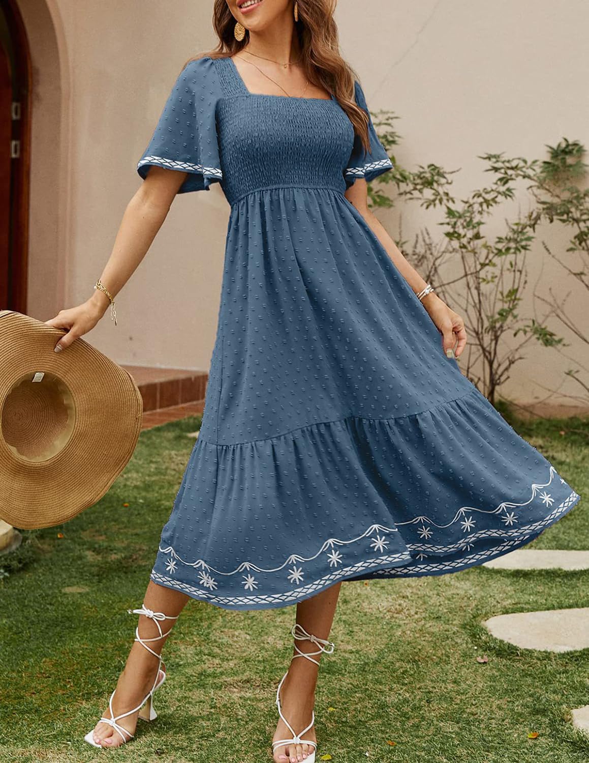 Damen Sommerkleid Boho Maxikleid - Quadratischer Ausschnitt, Geraffte Taille, Besticktes Kleid Freizeitkleider