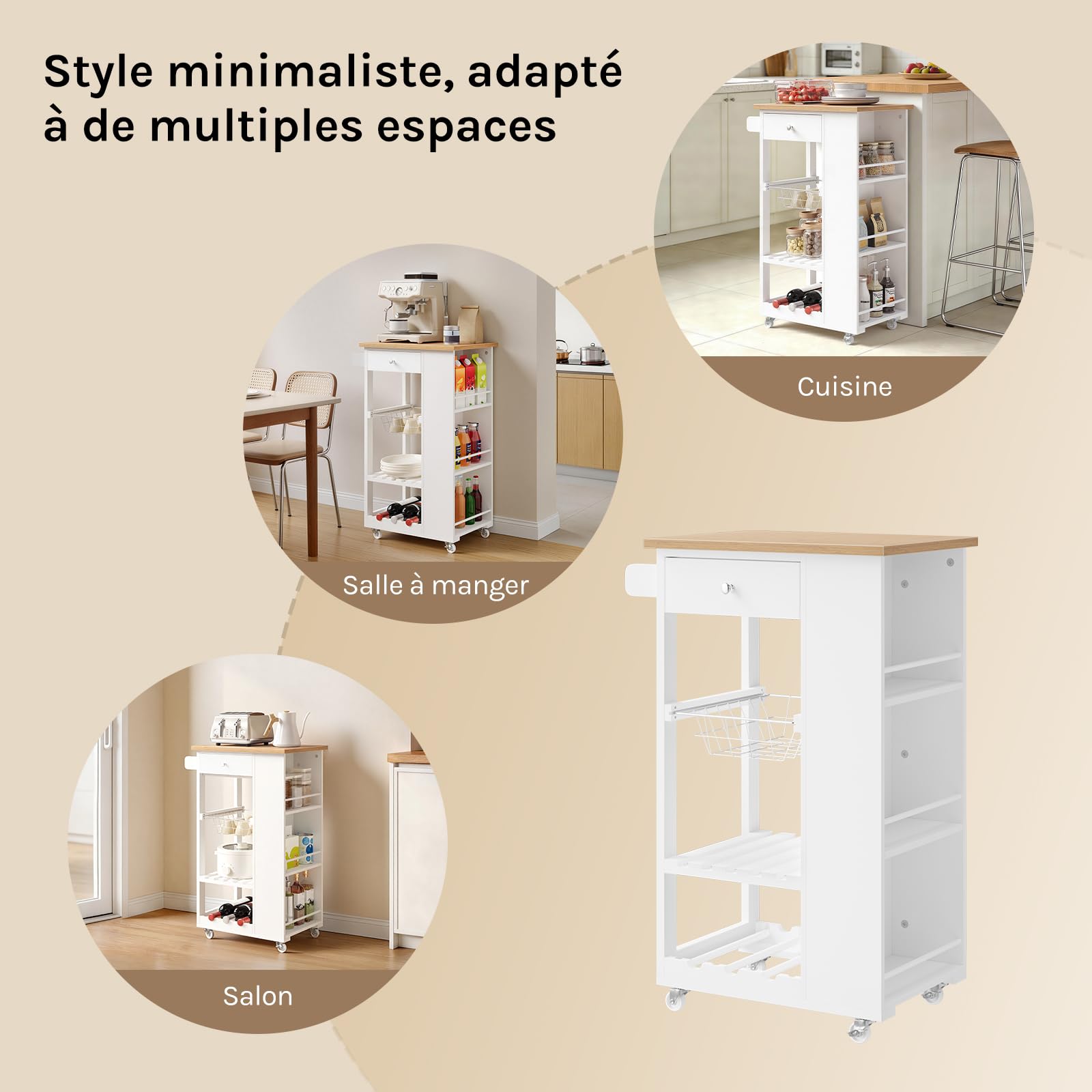 WOLTU Desserte à roulettes, Meuble Cuisine avec Plan de Travail, 1 Tiroir, 1 Panier en Grille, 1 Casier à Bouteilles et 3 Étagères Latérales, pour Cuisine, Salle à Manger, Salon, Bambou + Blanc