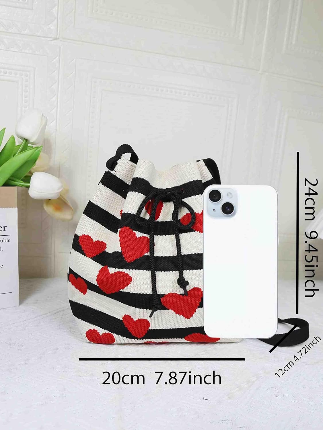 crochet heart drawstring knit bucket bag, small cute crossbody for women trendy, casual stripe everyday shoulder korean bags - Image 3