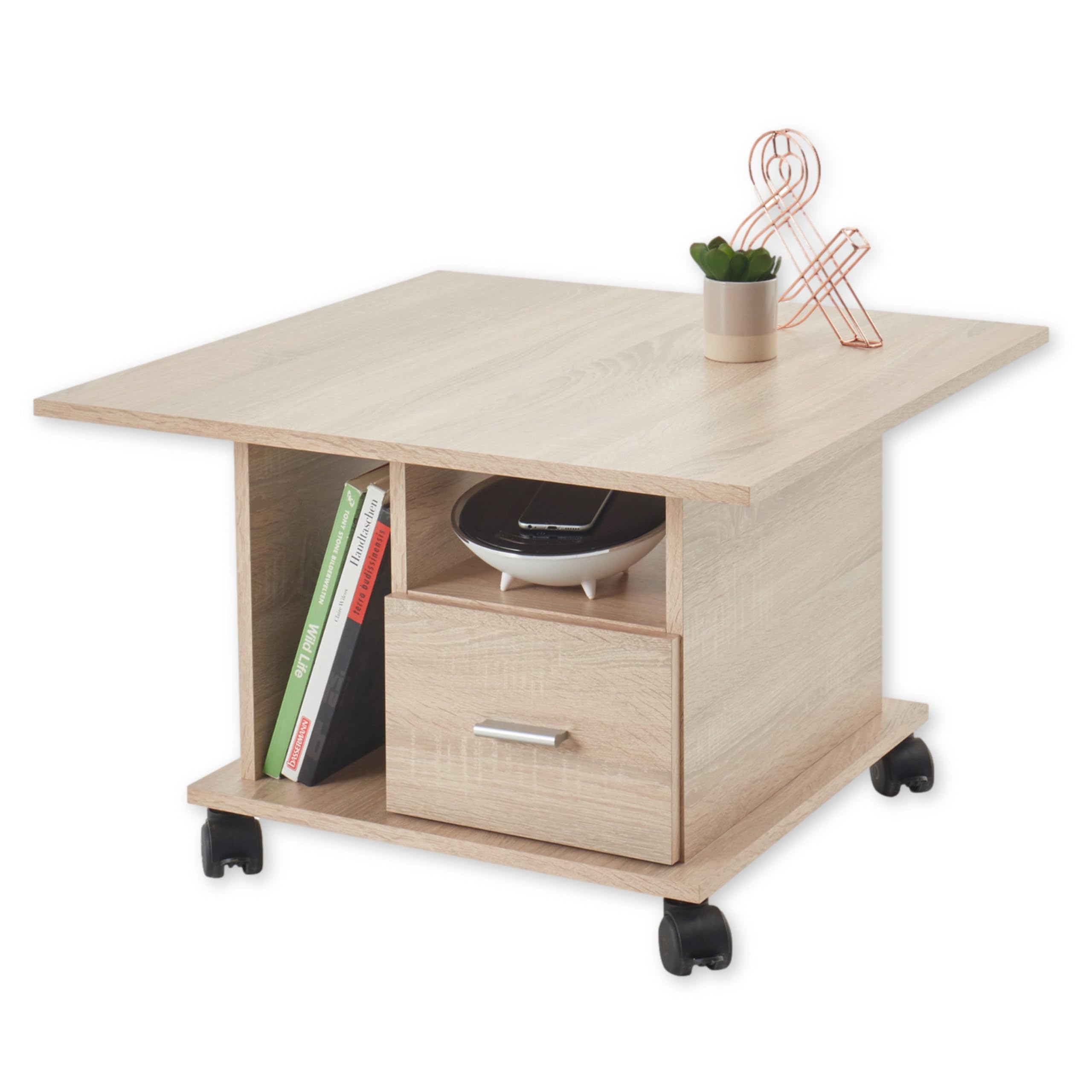 ACTIVO 1 Couchtisch auf Rollen in Eiche Sonoma Optik - Mobiler Sofatisch mit Schublade - 70 x 45 x 70 cm (B/H/T)