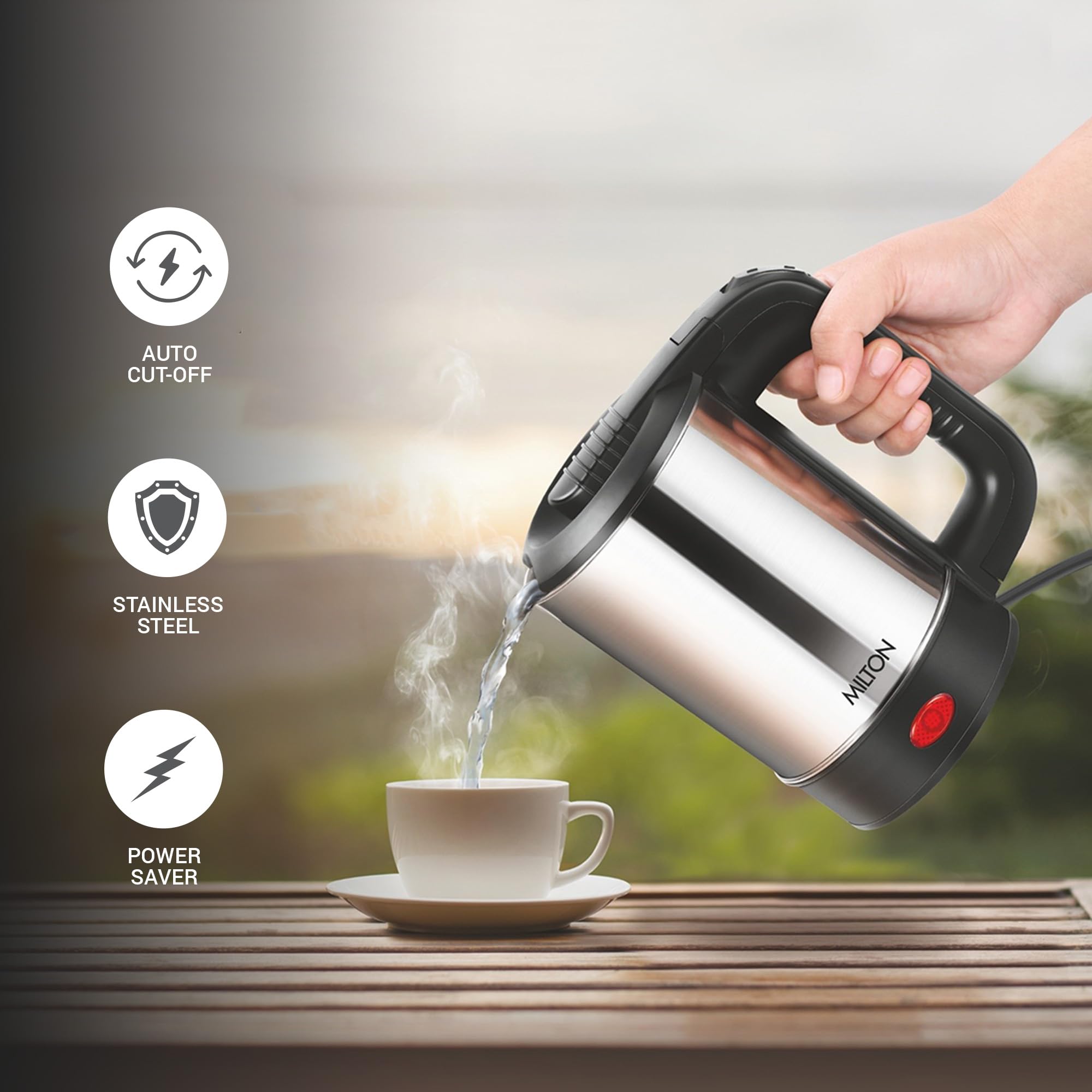 MILTON Stainless Steel Euroline Electric Travel Kettle With Handle, 1000 Watt, 500 Ml | 2 Utility Cups | Auto Shut-Off | Concealed Heating Element | Power Indicator |1Year Warranty, Silver 3
