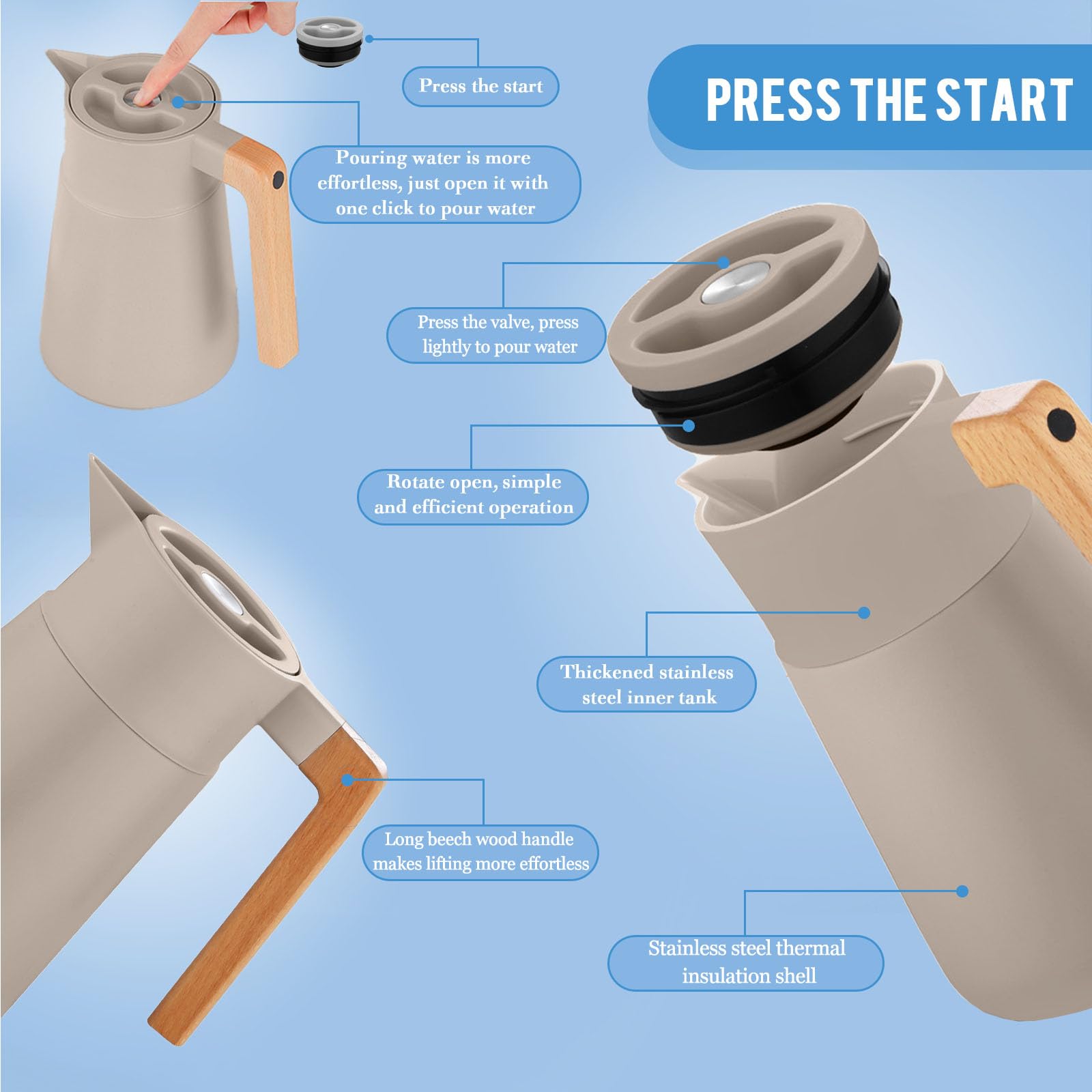 Thermoskanne Kaffeekannen Edelstahl 18/10, Vakuum Isolations, Grosse Kapazität, Mit Holzgriff, Thermosflasche Für Heißen Und Kalten Tee Kaffee, Isolierkanne, Für Home Office Hotel (Khaki,1.5L)