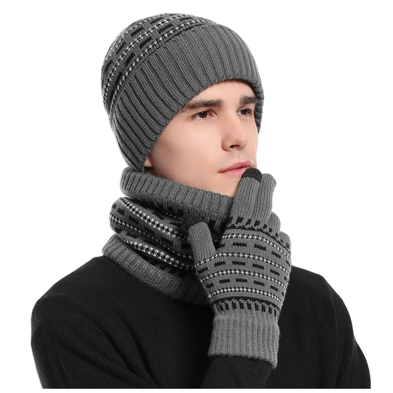 Conjunto Bufanda y Gorroy y Guantes Hombre,Cálida Bufanda Hombre Gorro Invierno con Forro Polar Guantes TermicosTáctiles,3 Piezas Regalos Ideales para Cumpleaños y Navidad