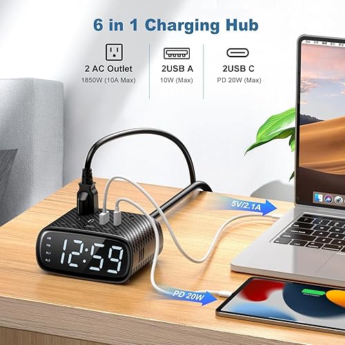 Miniatura 10 de Reloj despertador dual con estación de carga de escritorio, 2 USB C, 2 USB A, 2 puertos de CA - Hub de carga de salida USB máximo de 30 W - Reloj