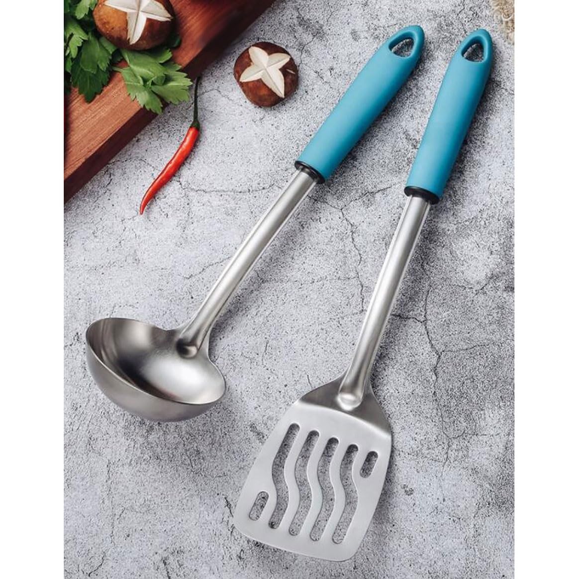 Kochlöffel, Spatel, Kochutensilien aus 304 Edelstahl, 4-teiliges Set, Gadgets, Küchenkochgeschirr (blau, Einheitsgröße) (blau, Einheitsgröße)