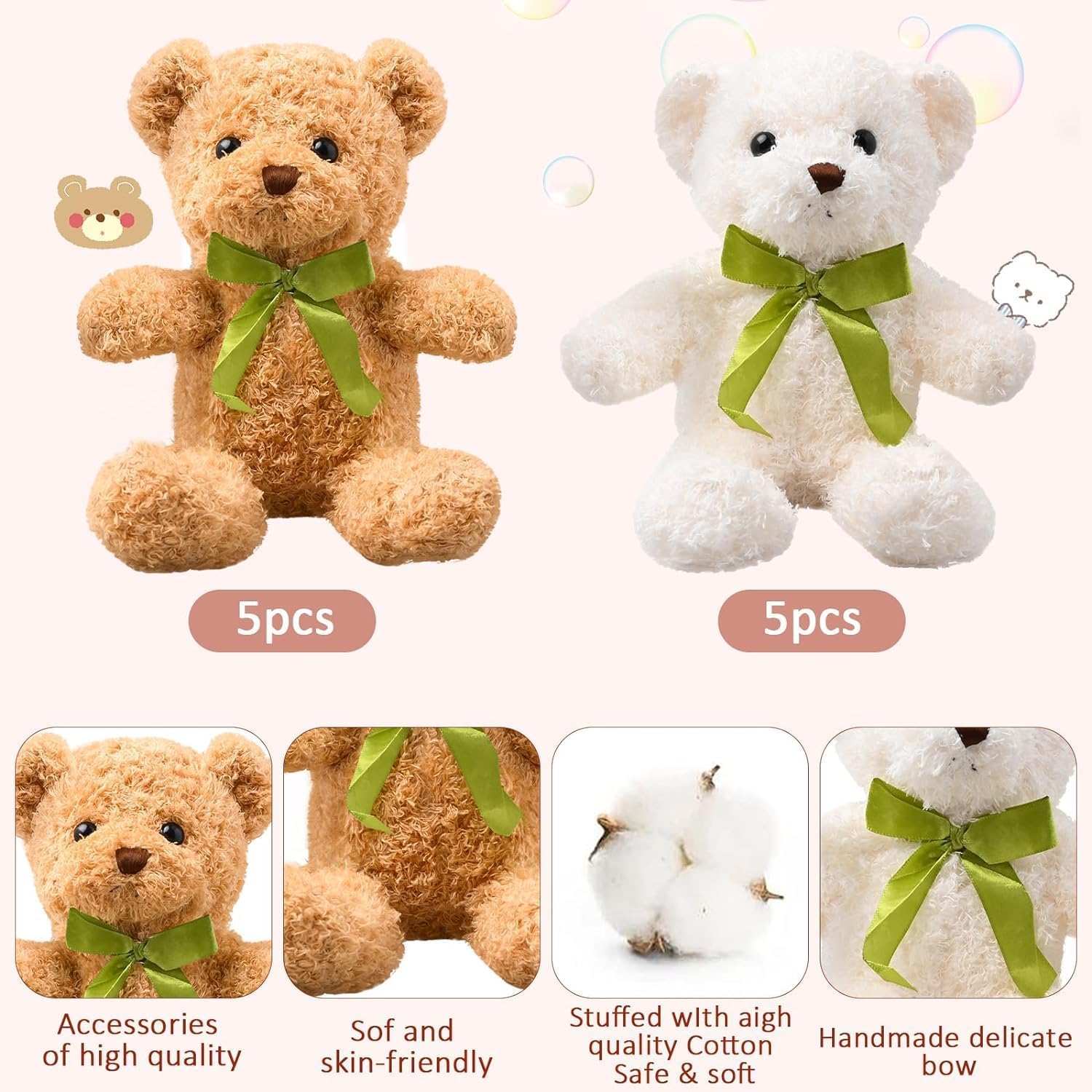 MALLOOM 10 pièces de Petits Ours en Peluche avec nœuds détachables, Ours en Peluche de 25 cm, Jouets en Peluches pour fête prénatale, Cadeau d’Anniversaire, décorations de fête (Kaki, Blanc)