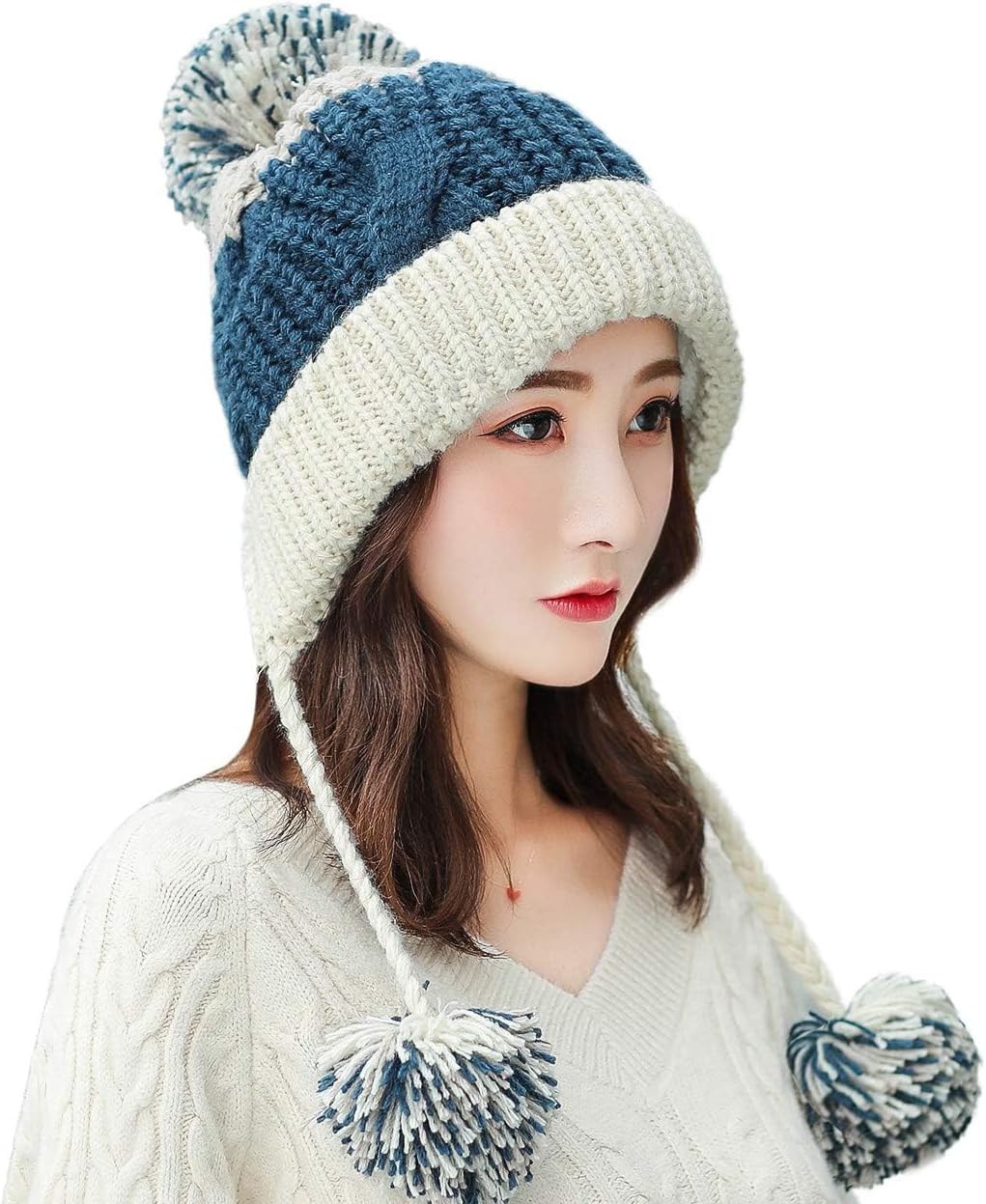 Women Winter Peruvian Cover Ears Beanie Hat Ear Flaps Sherpa Ski Snow Hats Knit Fleece Lined 3 Pom Pom