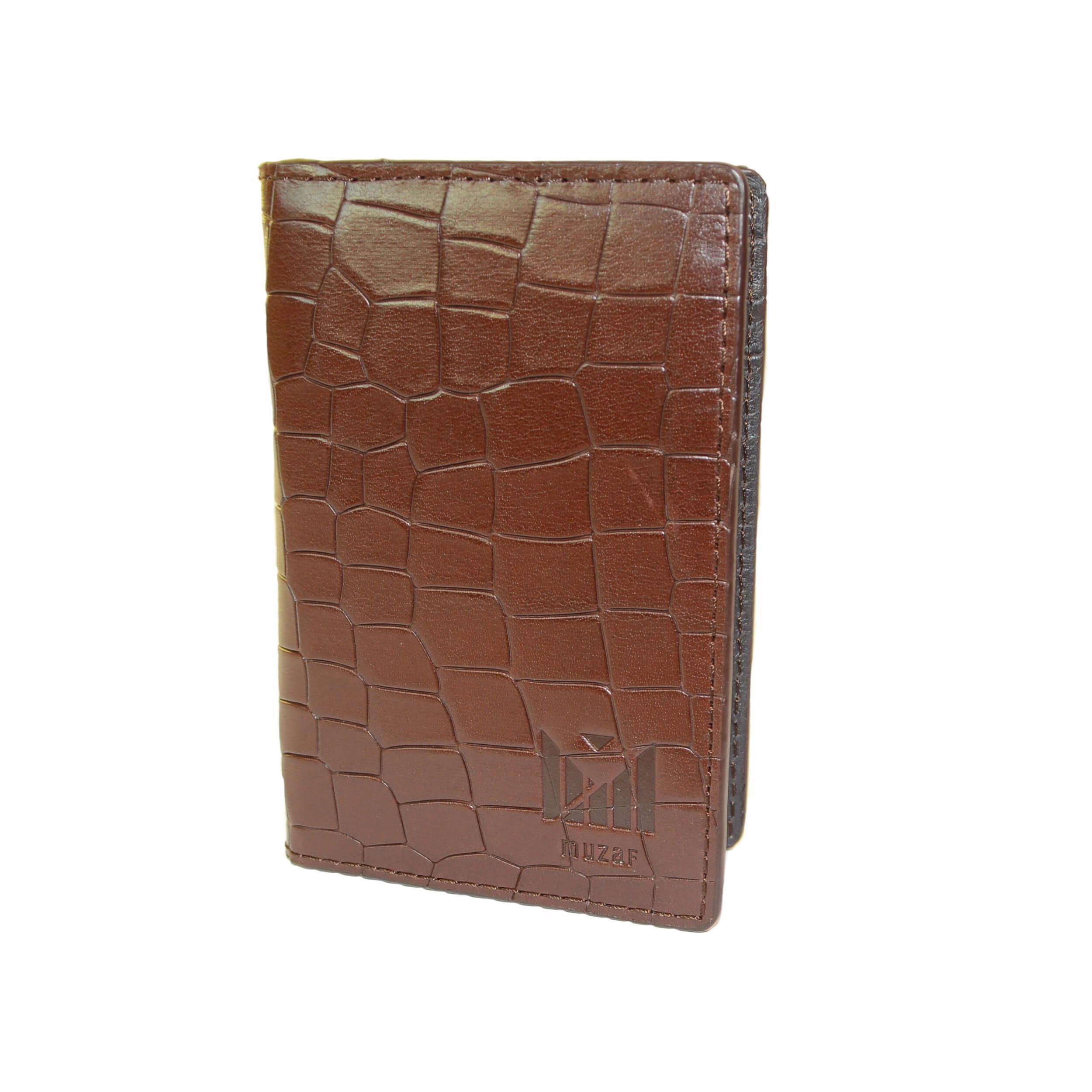 muzaf Premium Leather card holder, compact, hand stitched (Brown Croco)