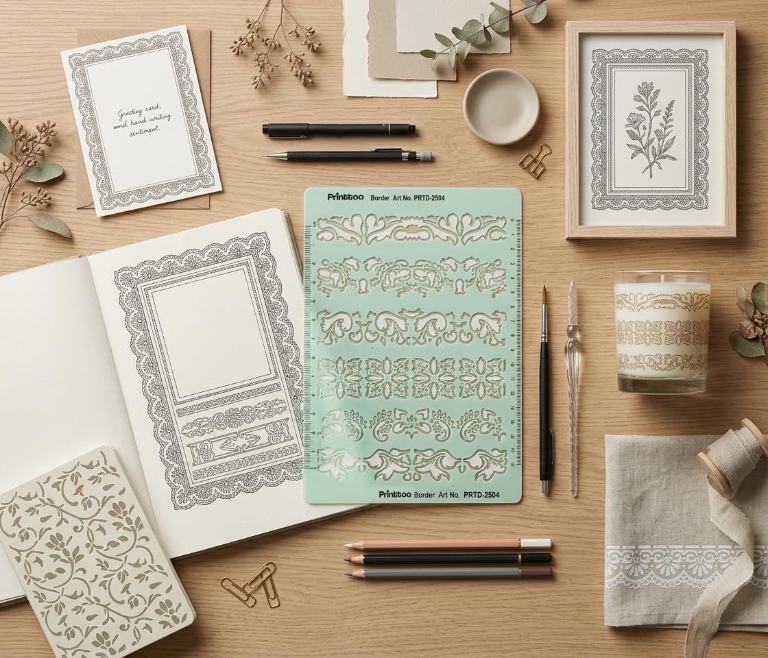 Printtoo Stencil decorativi per scrapbooking, pittura, diari, biglietti, arte fai da te, bordi floreali, angoli in stile arabo, 5 fogli da disegno in acrilico riutilizzabili da 2 mm