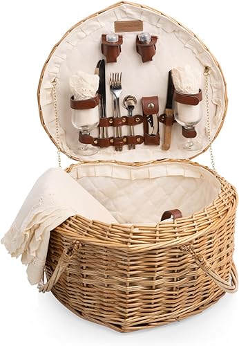 Miniatura 4 de PICNIC TIME Cesta de picnic de corazón para 2, cesta de mimbre con asa, servicio completo de lujo para dos, tejido a mano y resistente sauce