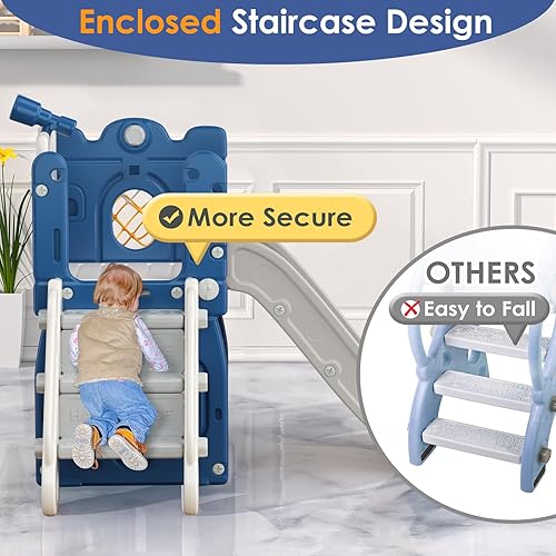 Miniatura 4 de BIERUM Tobogán 7 en 1 para niños pequeños, en forma de L, para niños de 1 año en adelante, con aro de baloncesto y pelota, lanzamiento de anillo,