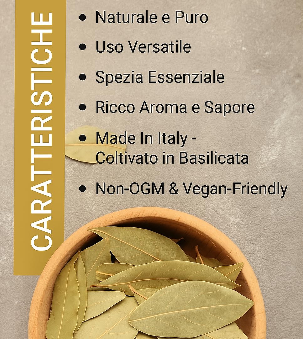 Foglie di Alloro Biologico 100gr Made in Italy – Erbe e Spezie Essiccate di Alta Qualità per Cucina – Aromatiche Naturali per Piatti Gourmet, Salse, Zuppe e Arrosti – 100% Italiane