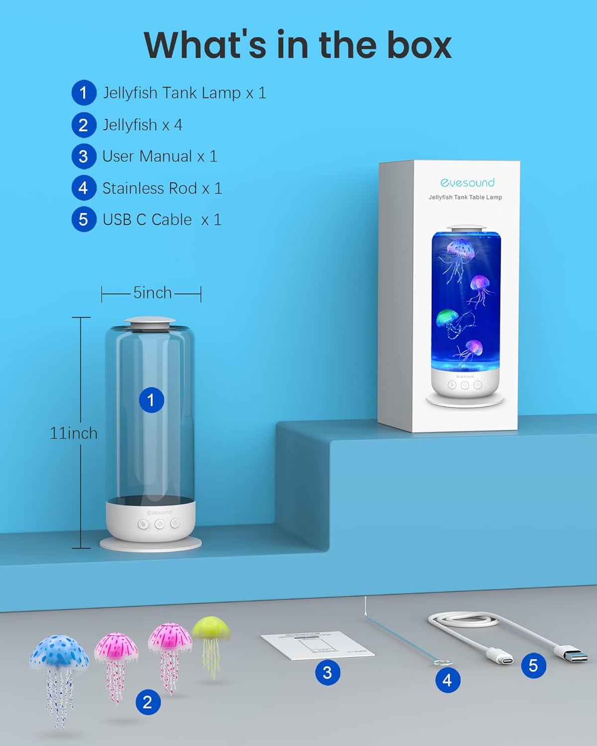 Jellyfish Lamp - 7 Color Changing LED Tank Aquarium Light, Mood Lamp for Home Office Bedroom Decor, 2 Lighting Modes for Relax/Sleep, Gift for Kids Teens Adults