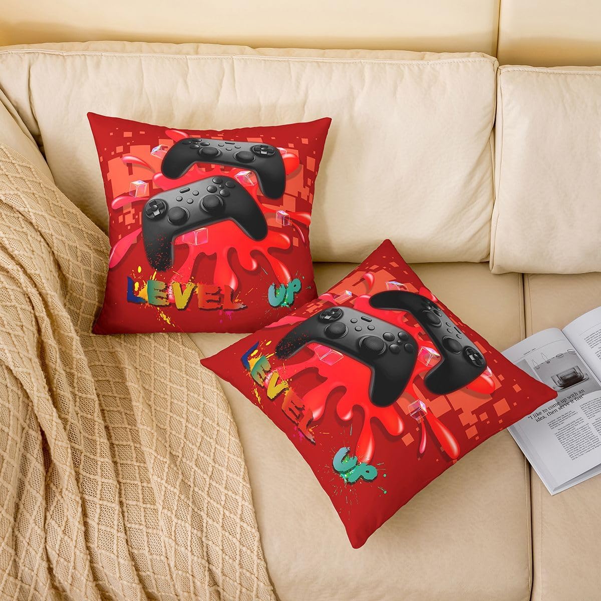 Castle Fairy Gamer Throw Pillow Covers 18x18 Inch Set of 4 Game Consoles Gaming Pillow Cases for Teens Adults Men Video Game Contoller Cushion Covers for Couch Car Red Black image 4