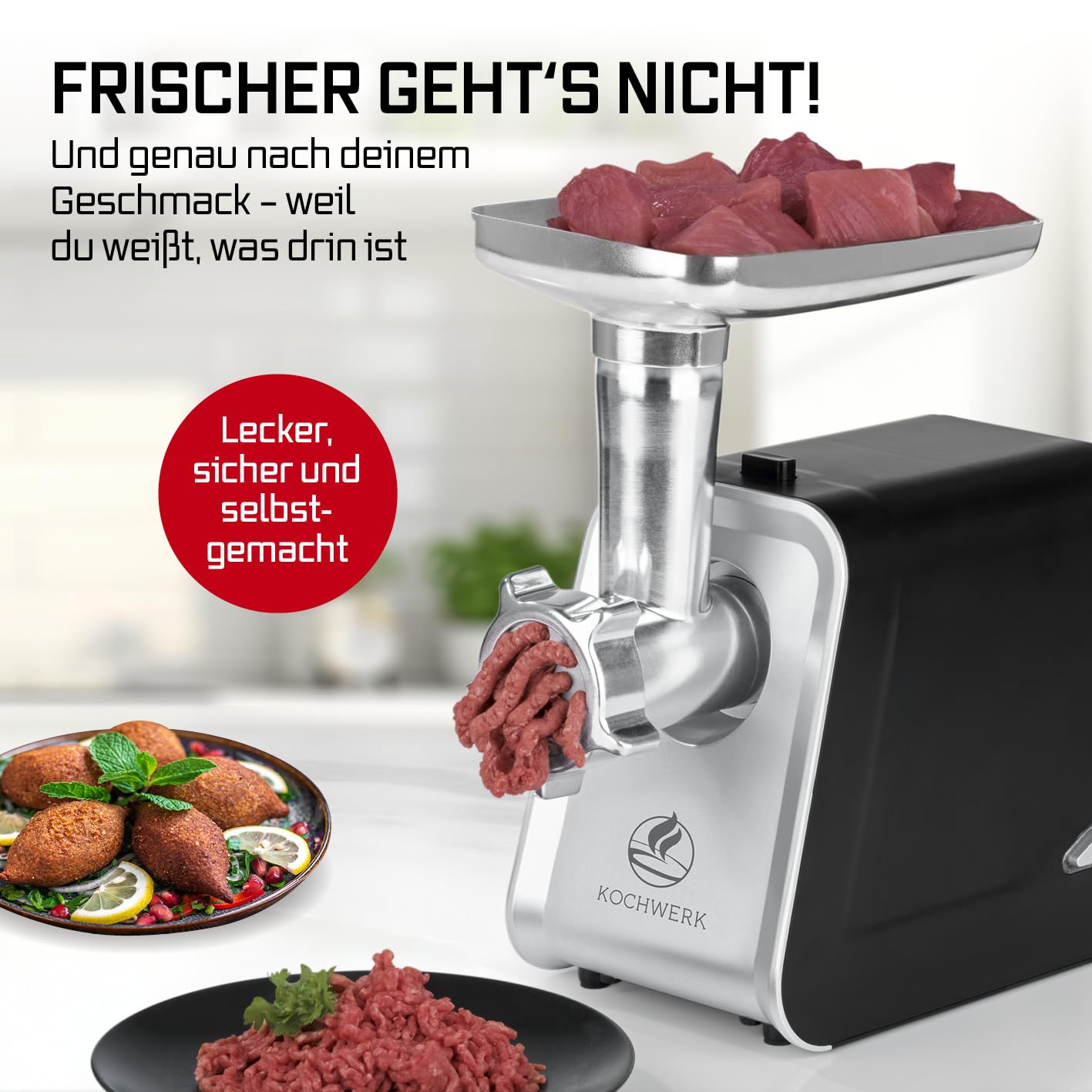 KOCHWERK elektrischer Fleischwolf mit verschiedenen Aufsätzen | verarbeitet bis zu 2000g/min | Hackfleisch, Kibbeh, Churros, Wurst & mehr auf Knopfdruck | leichte Bedienung und Reinigung [1600W]
