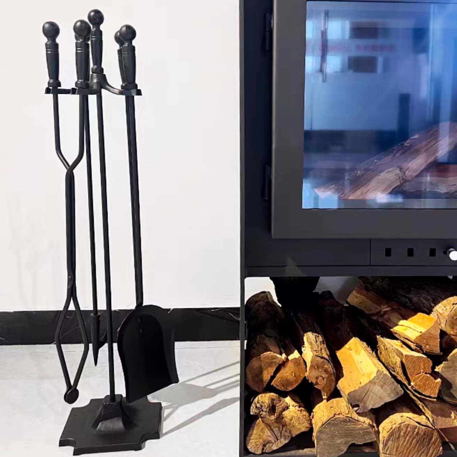 Juego de herramientas para chimenea de hierro fundido resistente con soporte, pala de ceniza, escoba y varilla de fuego para quemadores de troncos, 5 piezas, color negro