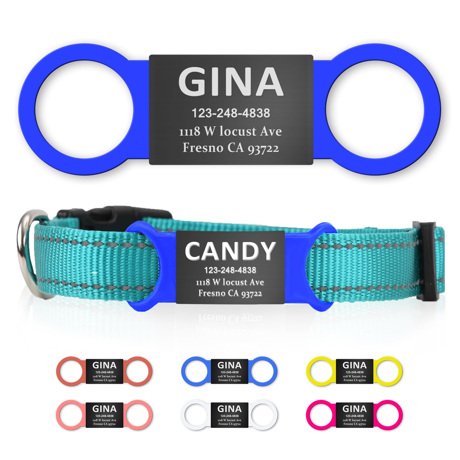Personalized Dog and Cat Tag, Clear Without Noise, Stainless Steel Colored Cat Dog Name Collar Tag, Slide on Pet ID Tags, Engraved Tags Personalized for Pets（Blue+Black）