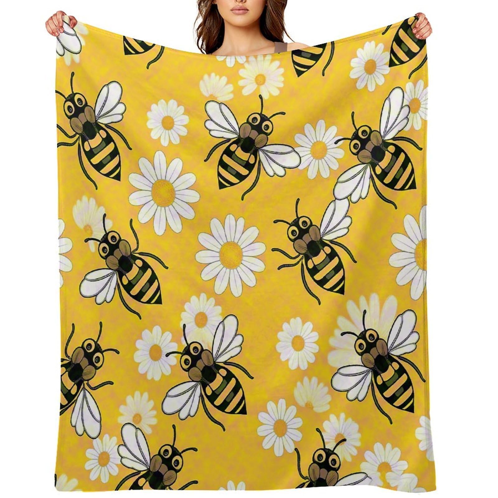 Bee Daisy Pattern Throw Blanket for Couch and Bed Super Soft Warm Lightweight Throw Blankets Cozy Fuzzy Flannel Blanket Personalized Decorative Blankets for Sofa Decor 30"x40"