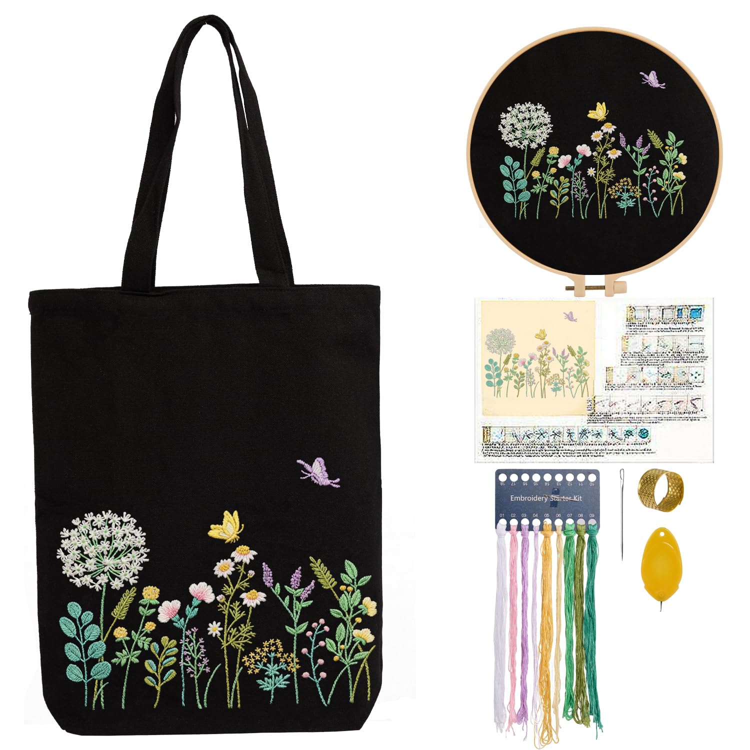 CREAWONDER Hand Embroidery Kits for Bag, Embroidery Kit Bag with Pattern for Beginners, Arts and DIY Embroidery Crafts Kits for Adults, Include Instructions, Embroidery Hoops, Color Threads and Tool