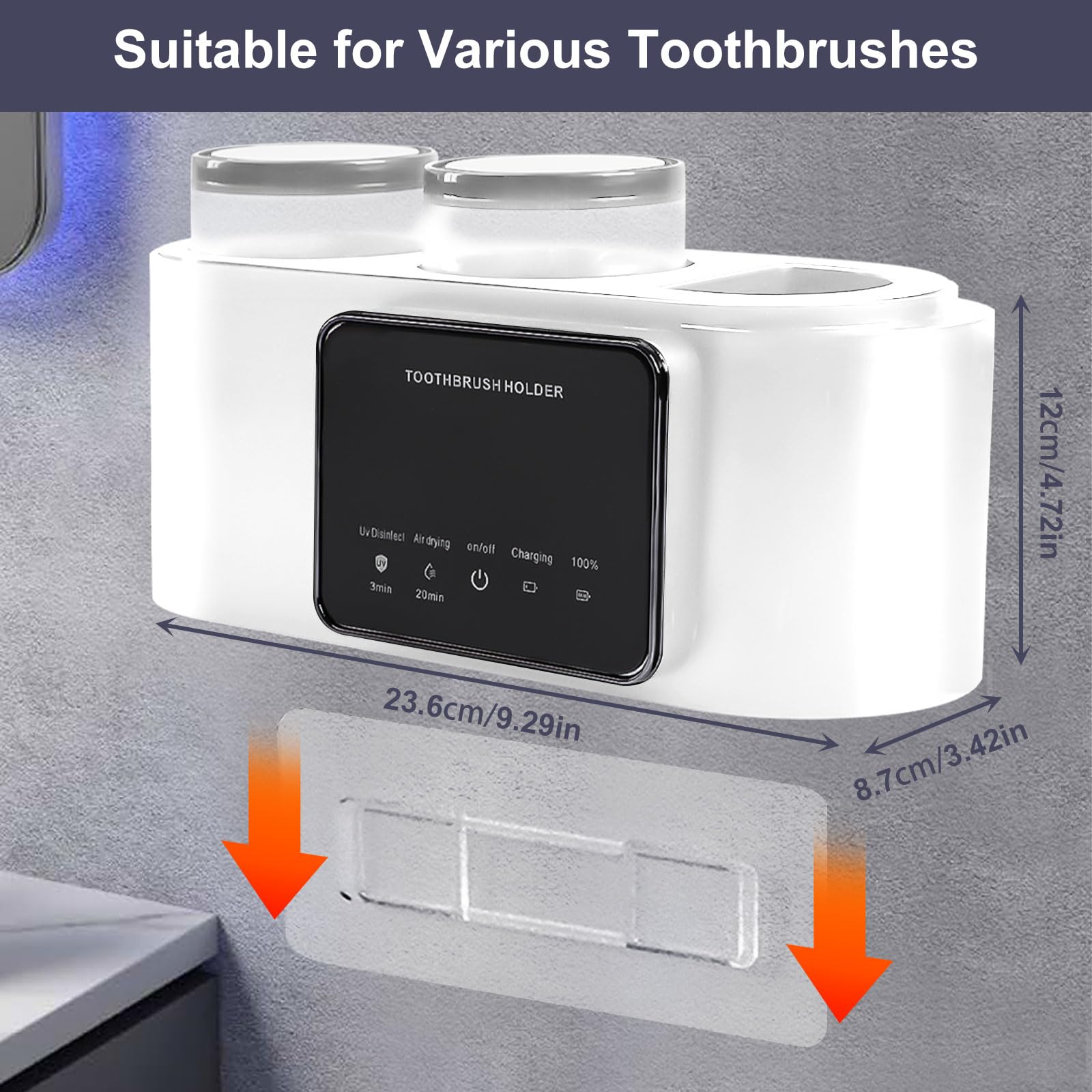 Porta Cepillo de Diente,Soporte para Cepillo De Dientes de Pared con Función Esterilizador,Soporte Cepillos Electricos y Compartimento de Almacenamiento,4 Ranuras para Cepillos,2 Tazas (Blanco)