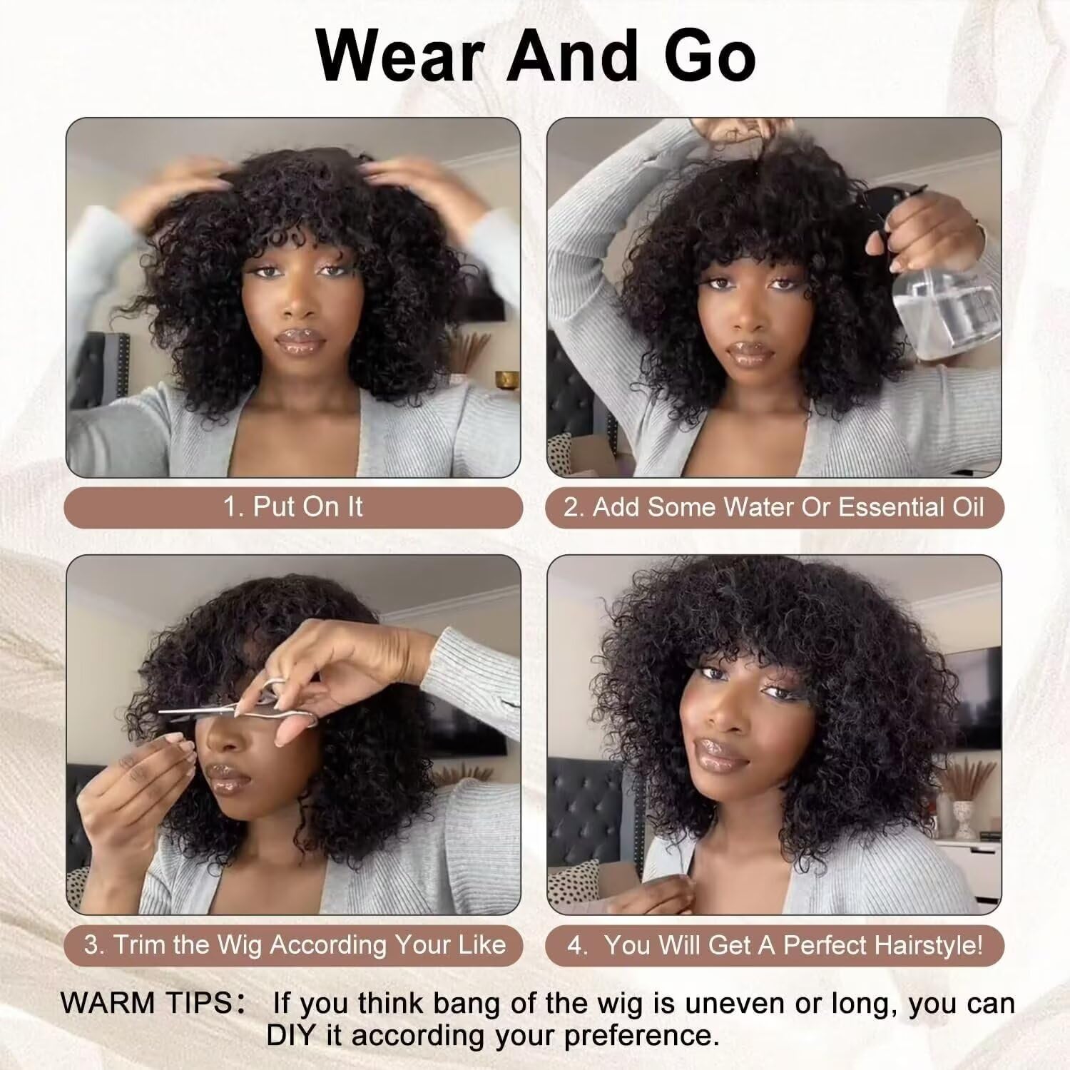 Parrucche corte ricci Parrucca umana per capelli with Bangs Glueless Curly Wigs for Women Parrucche vergini brasiliane 180% densità None Lace Front Wigs Nero naturale 10 inch curly human hair wig