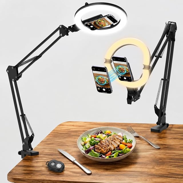 Sans fil 10" Anneau de lumière avec support & Support de téléphone magnétique, Diyife 180° Luminaire pliable de bureau avec support de téléphone overhead, télécommande, 3 Couleurs, 10 Luminosités pour la vidéo