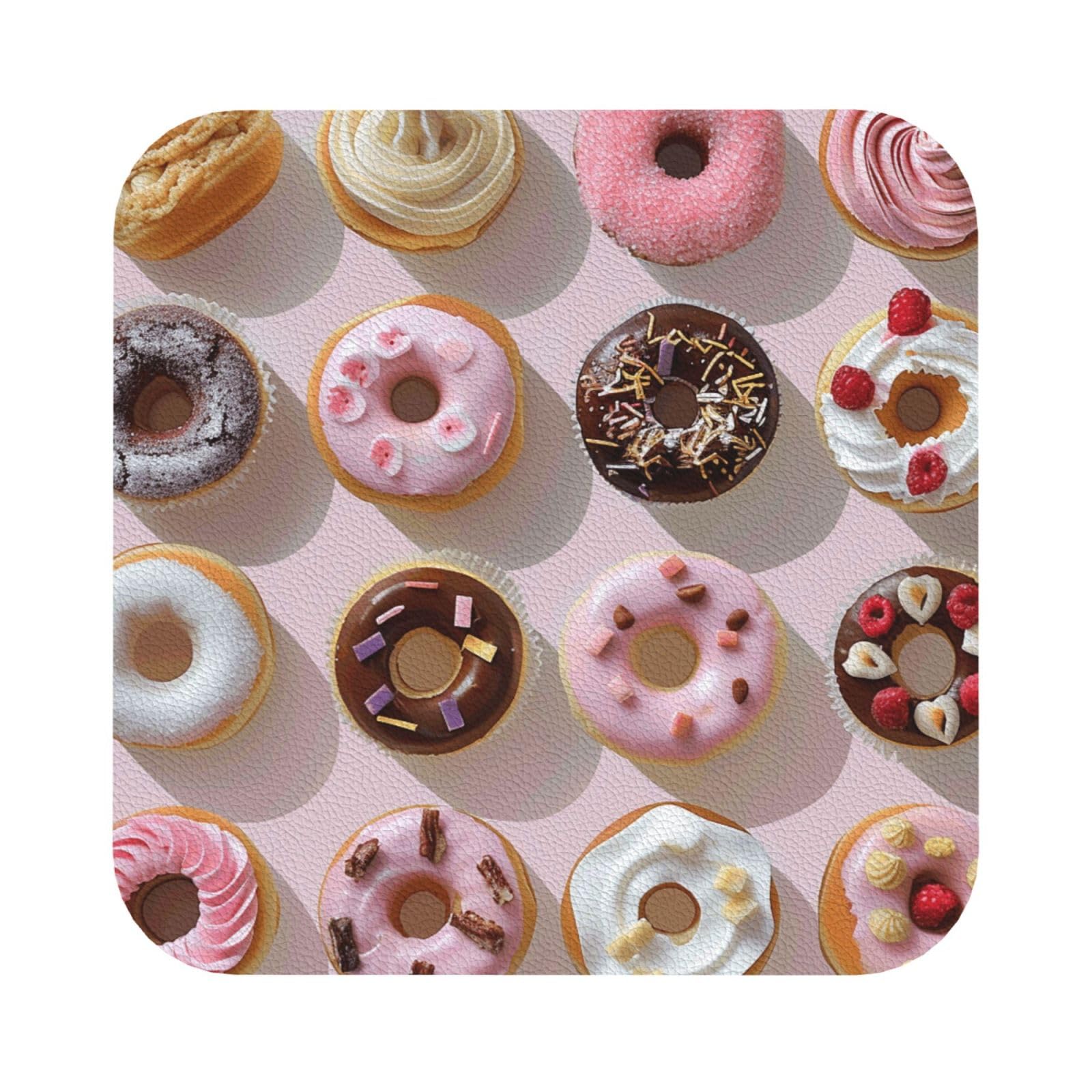 Cupcakes Donuts Muffins Sugar Print Leather Coaster Set of 6, Square Coasters Table Decorative Coffee Cup Beverage Coasters Wine Beer Bar Coasters for Hot Drinks Table Protection