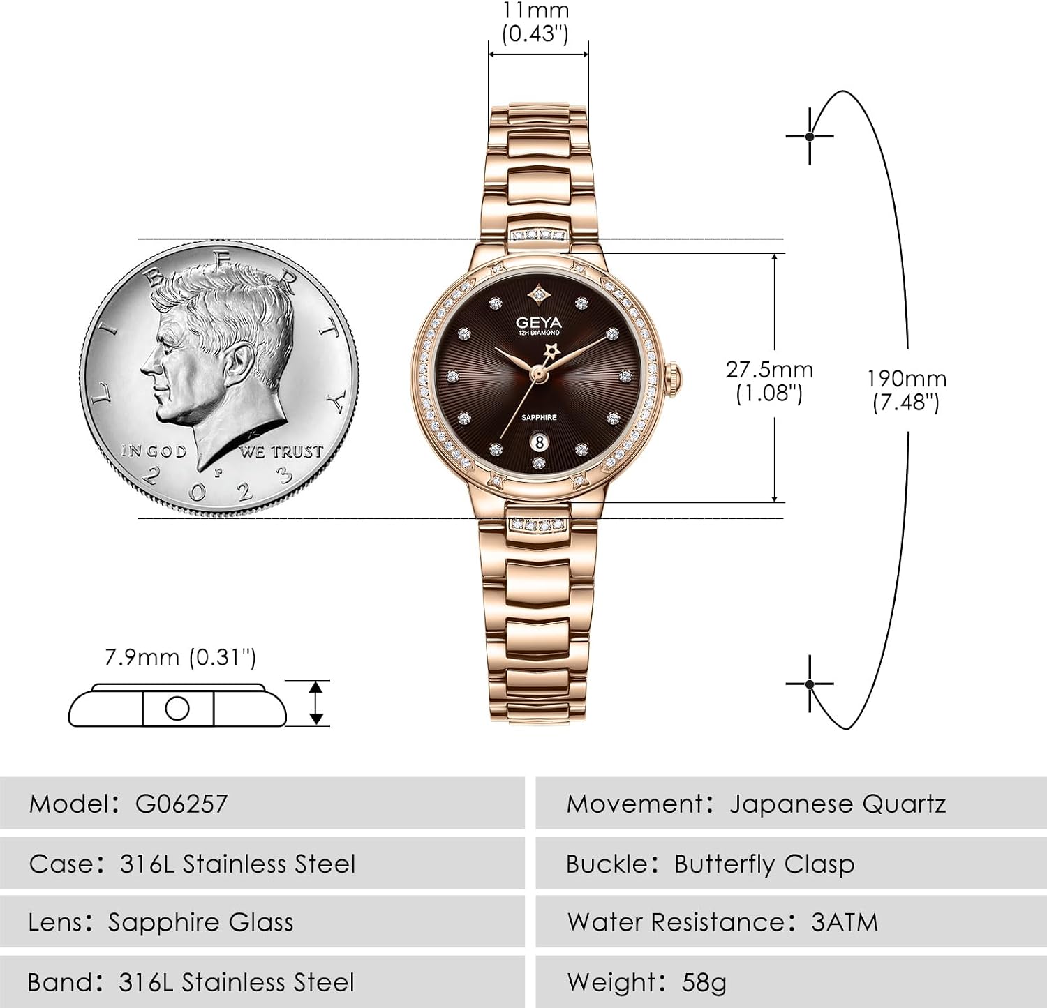 GeYa Rose Gold Watches for Women Genuine Diamond Elegant Ladies Dress Watch 316L Stainless Steel Bracelet Sapphire Crystal Waterproof Date Display Jewelry Luxurious Gifts Sets