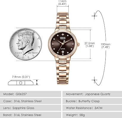 GeYa Rose Gold Watches for Women Genuine Diamond Elegant Ladies Dress Watch 316L Stainless Steel Bracelet Sapphire Crystal Waterproof Date Display Jewelry Luxurious Gifts Sets
