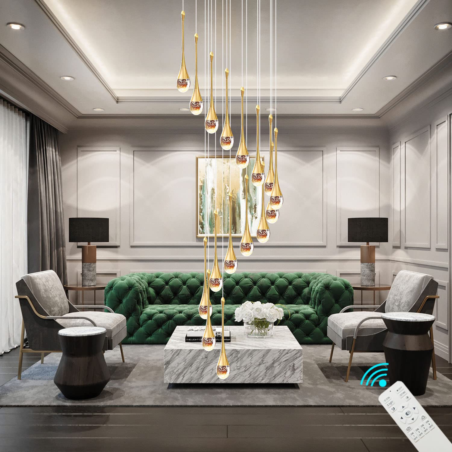 Pendelleuchte 305Cm Lange Regentropfen Kristall Kronleuchter,16 Lichter Dimmbar LED Gold Treppen-Kronleuchter,Lampen für Dekoratives Villa Decken,Foyer,Treppenhaus,Wohnzimmer,Loft-Deckenleuchten,80W