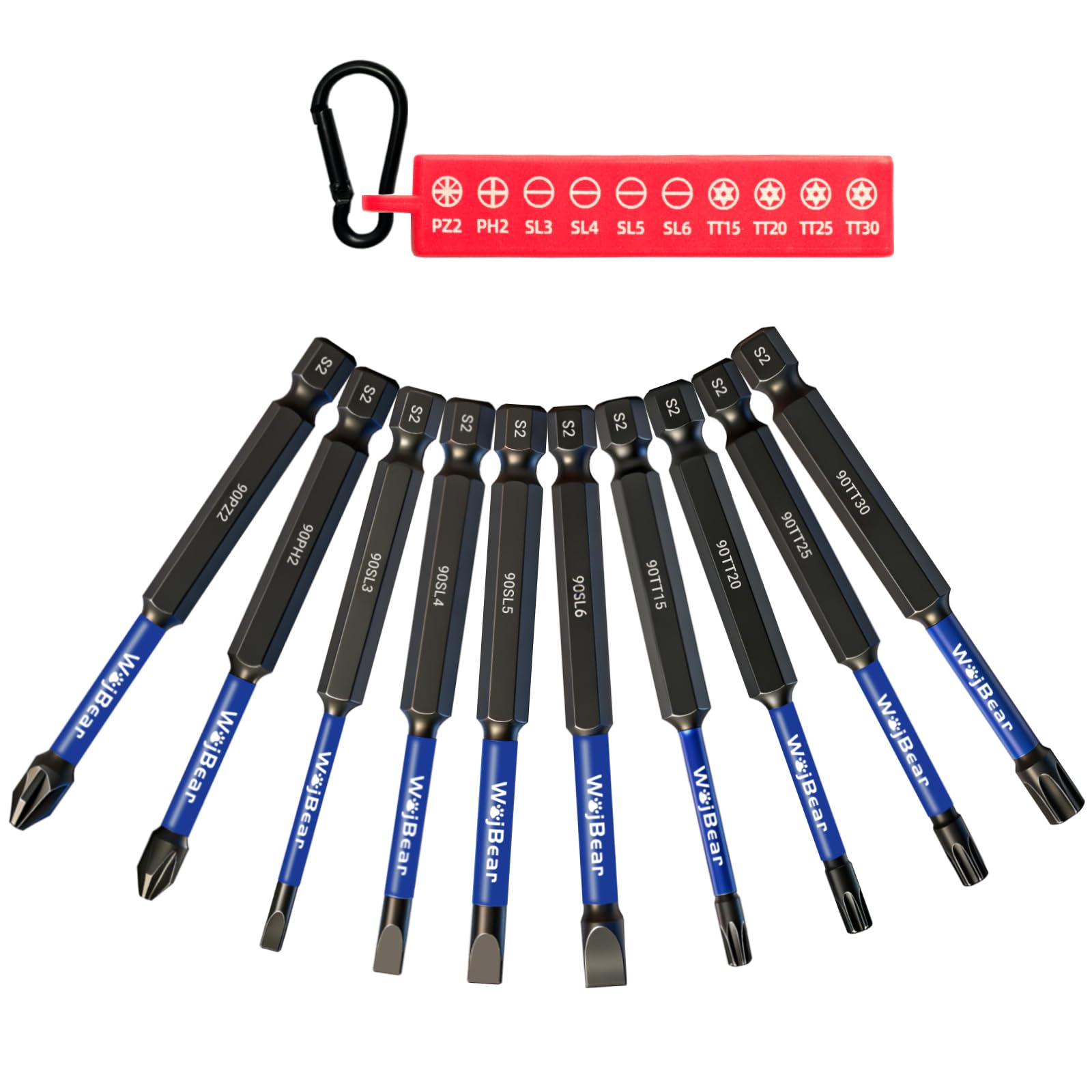 WojBear 10Pcs Magnetic Impact Driver Bits, 90 mm Long Magnetic Pozidriv Screwdriver Bits, SL3 SL4 SL5 SL6 PZ2 PH2 TT15 TT20 TT25 TT30