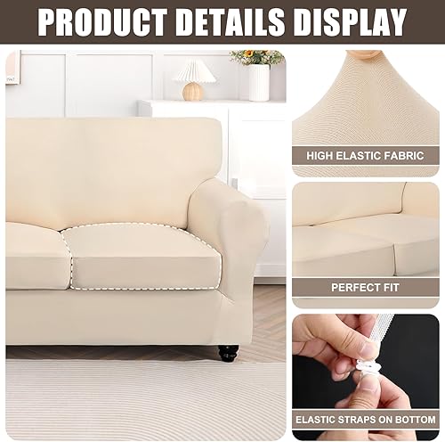 Miniatura 2 de SearchI Funda elástica para sofá, funda de sofá de 4 piezas con 3 fundas de cojín separadas, protector de muebles lavable para sala de estar (sofá,