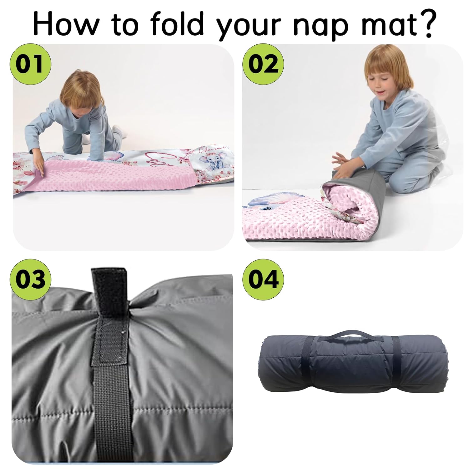 Custom Toddler Nap Mat for Preschool, Personalized Name Kids Sleeping Bag with Flower Elephant for Daycare, Roll Up Sleeping Mat with Removable Pillow and Soft Dot Minky Blanke for Girls Camping