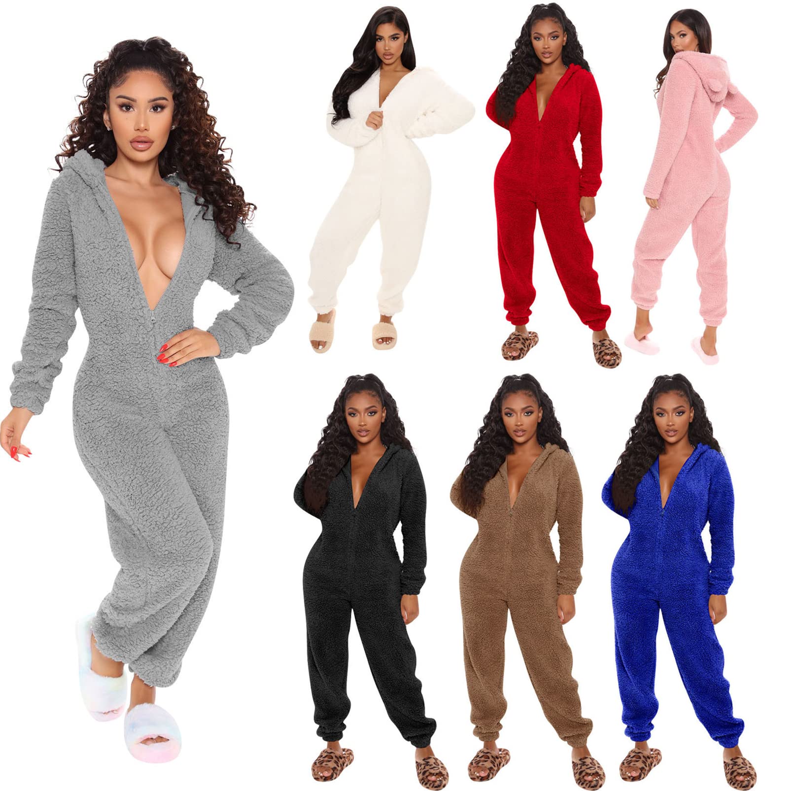 CUTTE Damen-Pyjama, Lässiger Overall mit Kapuze Fleece Langärmlig Heimkleid Nachtwäsche Herbst-Winter Niedliche Nachtwäsche
