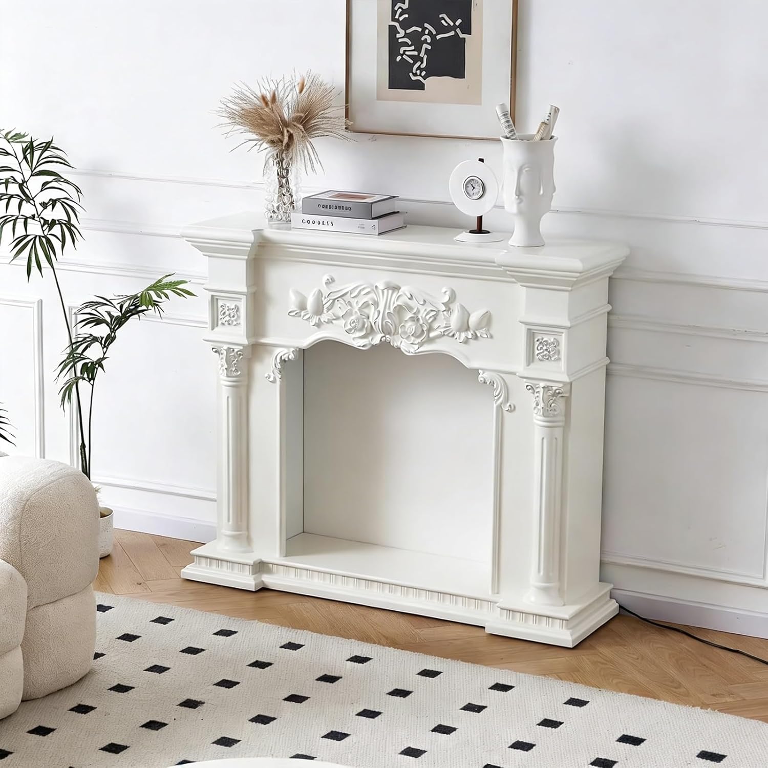 Fireplace Mantel Surround Ornate Carved Fireplace Mantel Handcrafted Decorative Surround(Natural,Medium)