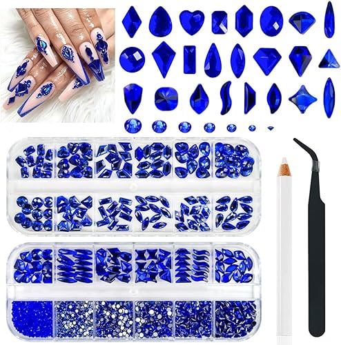 24 estilos de diamantes de imitación azules de zafiro para uñas, multiformas, parte trasera plana, cristales azules rey, gemas de cristal K9, disponible en Yaxa El Salvador