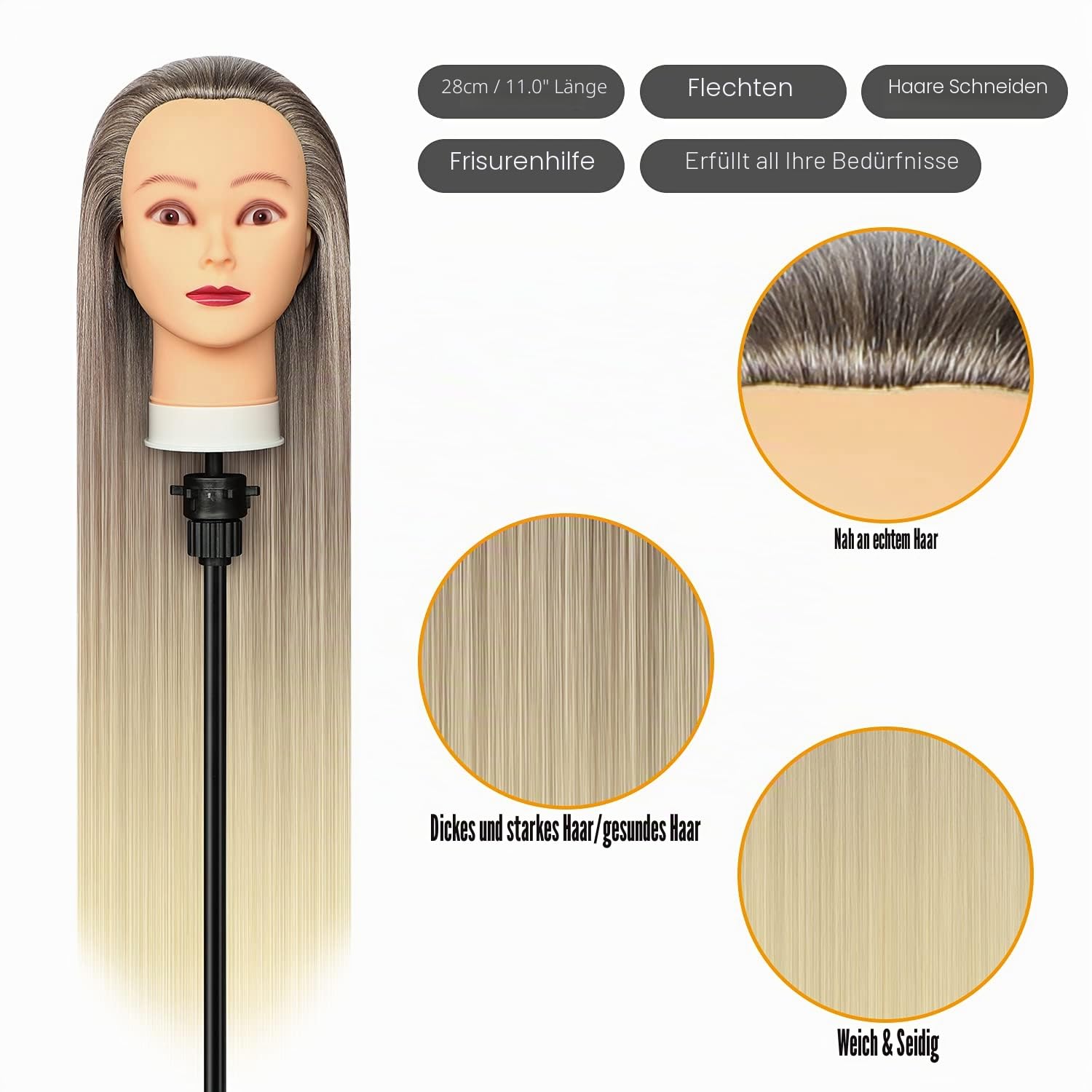 Trainingsköpfe, 28 inch Frisierkopf 100% Synthetikfaser-Haar Übungskopf, Frisurenkopf Ausbildung Kopf Mit Halter + DIY Haar Styling Braid Set (Golden)