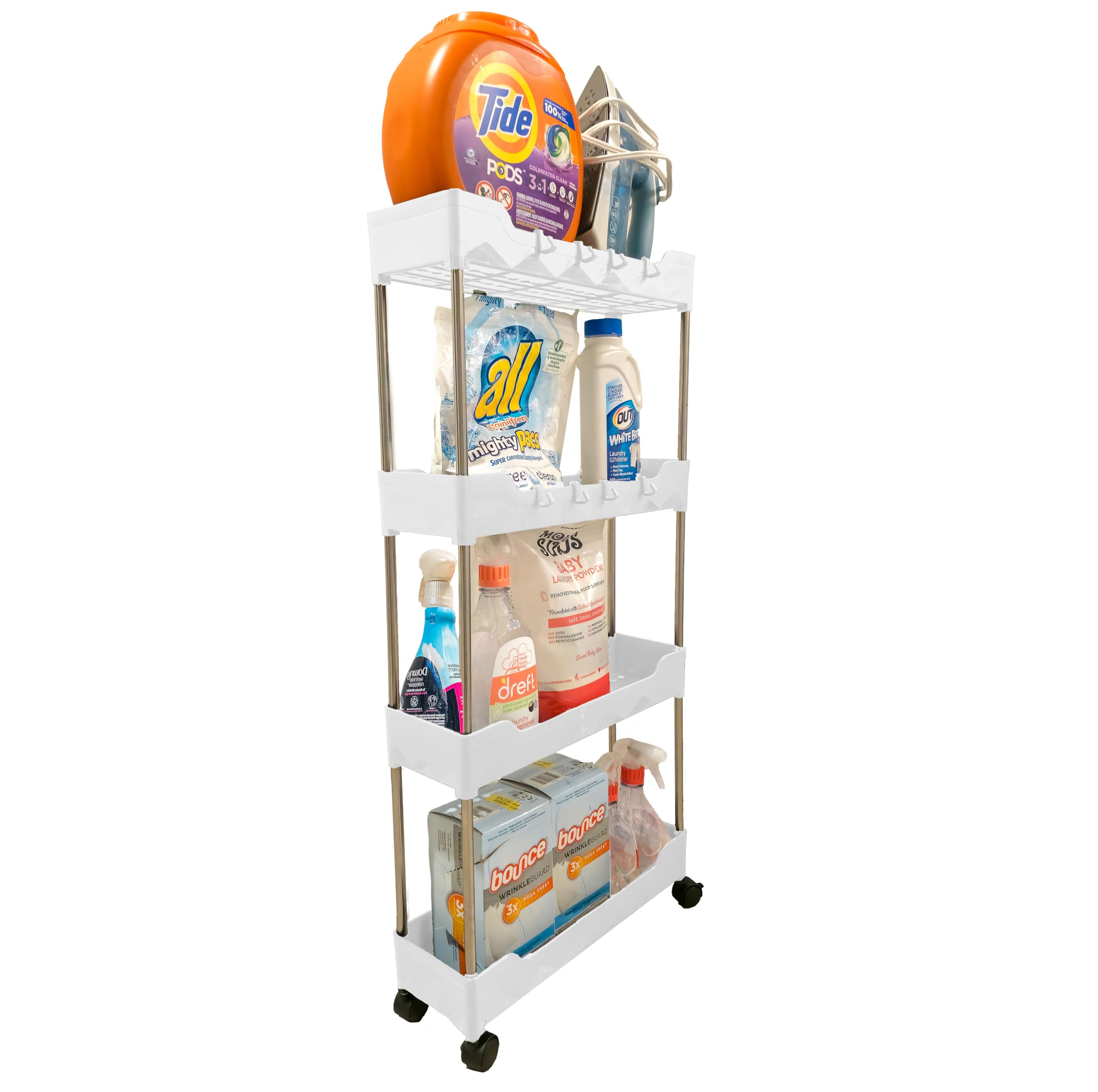 Slim Rolling Storage Cart w/ 4 Tiers - Narrow Slide Out Shelving Utility Cart - Mobile & Modular Pull Out Storage Solution for Laundry, Bathroom,
