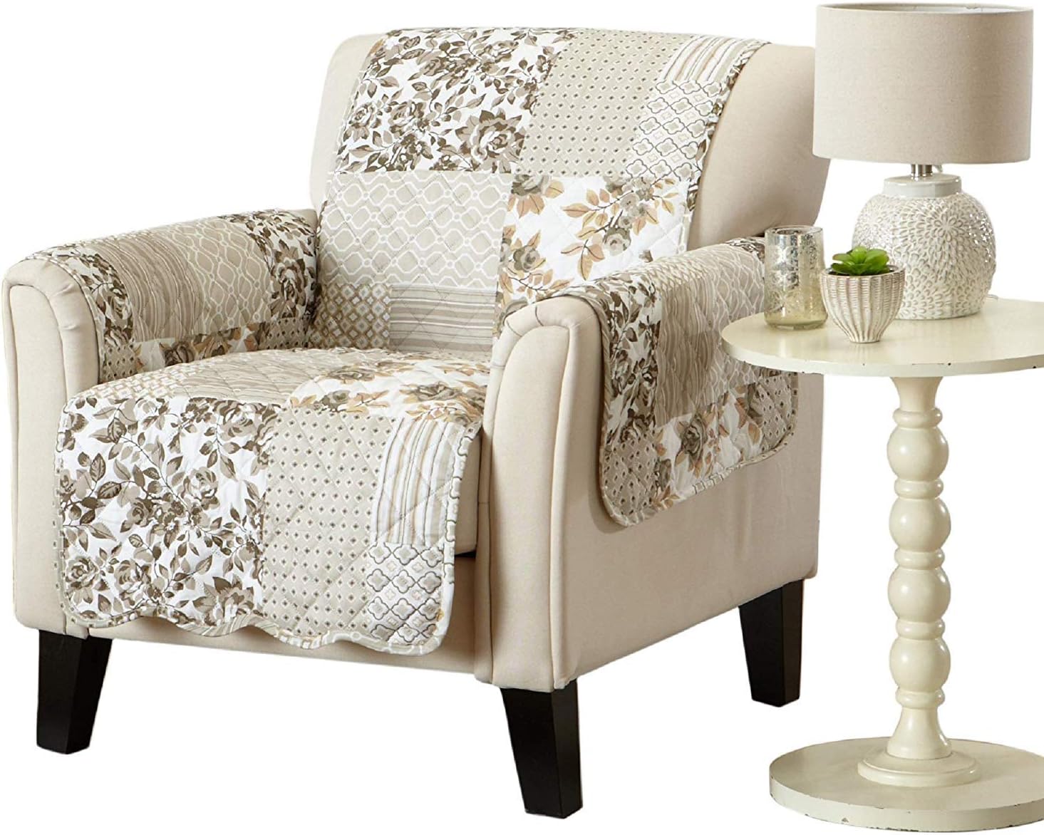 Great Bay Home Reversible Patchwork Chair Cover - Washable Slipcover Furniture Protector with Elastic Straps - Perfect for Kids & Pets - Box-Stitched Detail (Taupe)