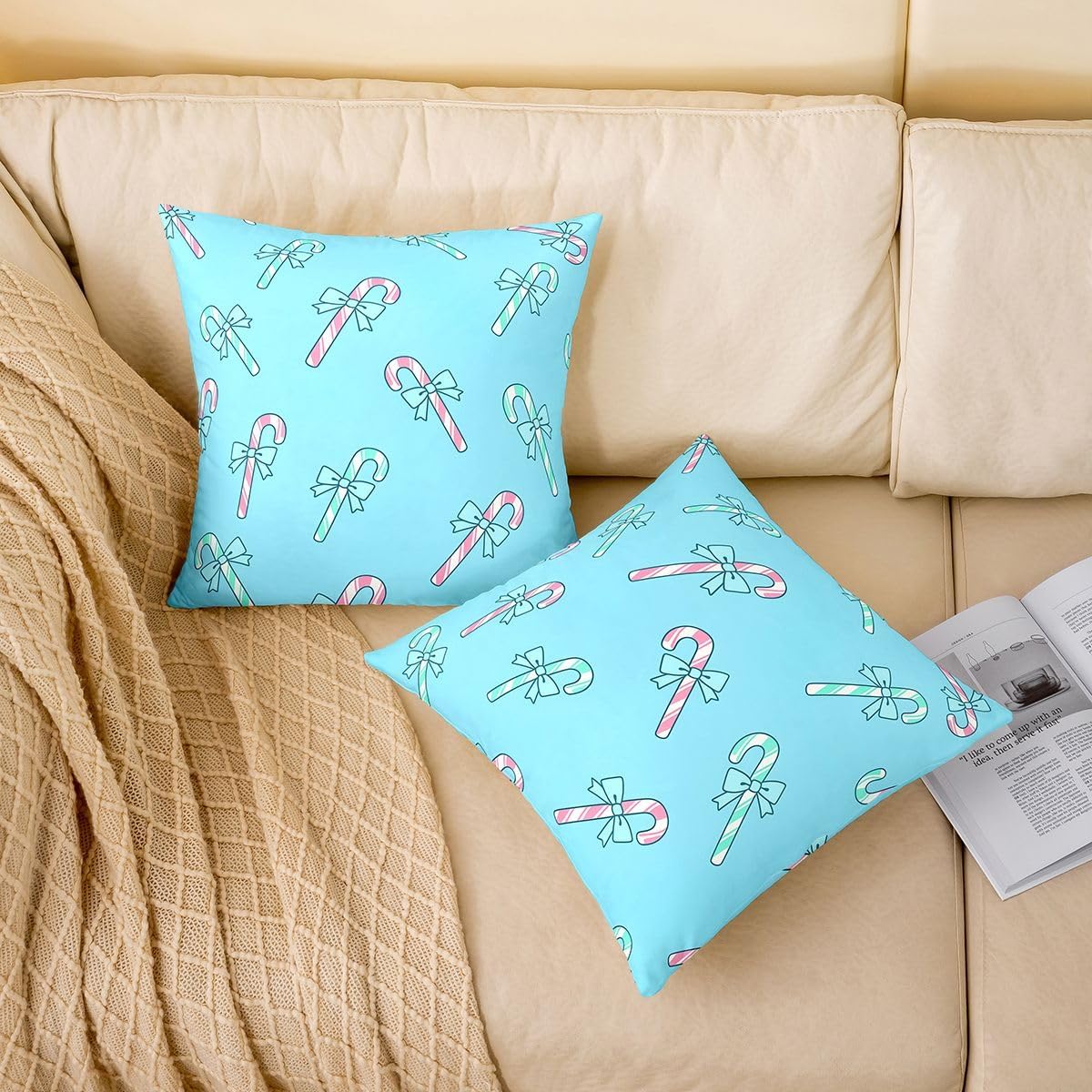 Castle Fairy Xmas Candy Throw Pillow Covers 18"x18" Set of 4,Kawaii Bow Cushion Covers for Couch Sofa,Merry Christmas Theme Decorative Pillowcases,Light Blue Pillow Cases image 2