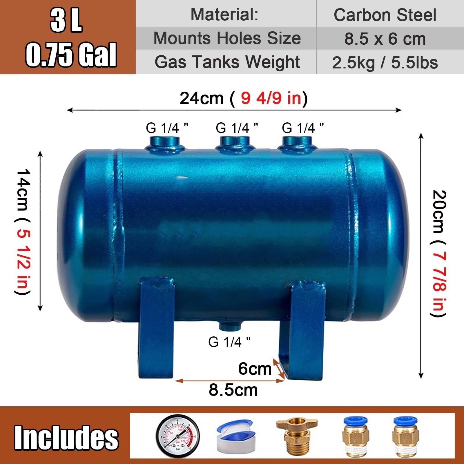 Tanque De Almacenamiento De Aire Comprimido, Tanque De Gas De Reserva Horizontal para Fábricas, Contenedores De Gas Portátiles De Alta Presión(0.78 Gallon (3 L))