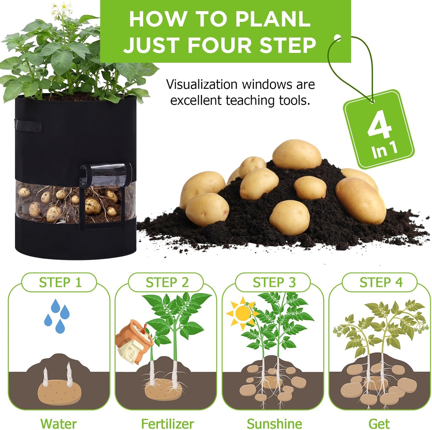 Baderke 2 Pack Visible Potato Grow Bags with Harvest Window, 360 Visibility Plant Grow Bags with Handles for Planting Potatoes, Tomatoes and Vegetables (20 Gallon) - Image 4