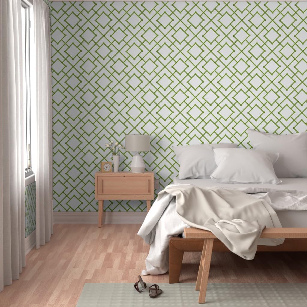 Removable Wallpaper Swatch - Bamboo Trellis Chinoiserie Green Spring Geometric Custom Pre-Pasted Wallpaper by Spoonflower